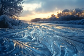 Aufkleber - A breathtaking image of a frozen river with intricate icy swirls, framed by a picturesque dawn, offering a blend of natural beauty, serenity, and tranquility.