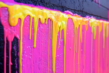 Fototapete - Vibrant yellow and pink paint drips cascade down against a stark black background, creating a bold contrast that evokes creativity and modern expressionism.