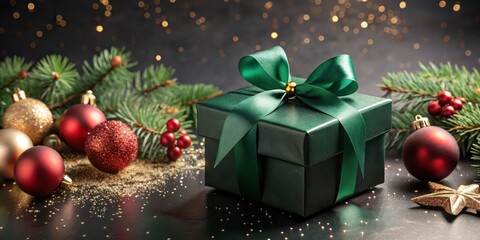 Poster - A Luxurious Emerald Gift Box Adorned with a Satin Ribbon, Nestled Amongst Festive Ornaments and Sparkling Glitter on a Dark Surface