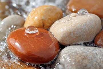 Aufkleber - A macro shot of smooth, colorful pebbles with shimmering water droplets on their surface, highlighting their natural textures and enhancing their vibrant hues.