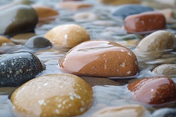 Aufkleber - A detailed view of various smooth, wet stones enveloped by gentle flowing water, highlighting the interplay of light and texture in a natural setting.