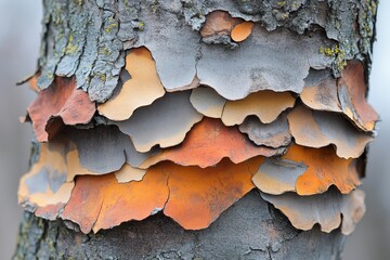 Poster - A macro image of tree bark exhibiting a unique peeling pattern with shades of orange, gray, and brown, highlighting natural textures and decay processes.
