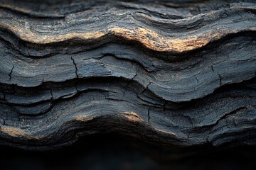 Poster - A detailed view of charred, scorched wood showcasing intricate wavy lines and textured patterns, reflecting the natural aging and burning process over time.
