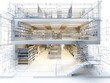 © Richafuji - Architectural Design Visualization of a Two-Story Supermarket with Detailed Blueprint Overlay