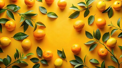 Poster - Vibrant Citrus Fruits and Lush Green Leaves Arranged on a Sunny Yellow Background