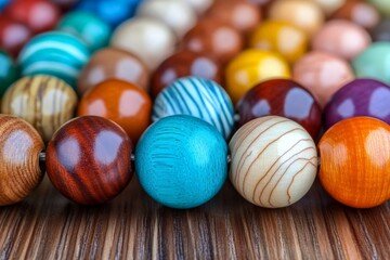 This image features a close-up view of colorful wooden beads arranged in a vibrant and visually striking pattern, showcasing their varied hues and artistic style.