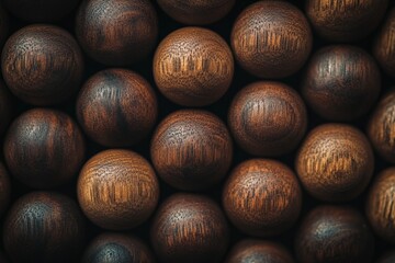 Poster - A collection of dark wooden beads with rich textures is featured, highlighting the polished surface and intricate patterns, offering a rustic yet elegant aesthetic.