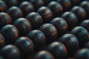 Aufkleber - An array of dark wooden beads is displayed under soft lighting, revealing their subtle texture and polished finish, creating a serene and elegant visual impression.