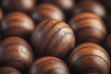 Poster - A close-up of textured wooden beads exudes an earthy appeal, highlighting intricate patterns and warm tones, evoking feelings of nature and timeless artistry.