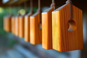Aufkleber - A row of wooden birdhouses lined up, each with a natural wood grain finish, showcasing a simple and rustic design perfect for outdoor spaces or gardens.