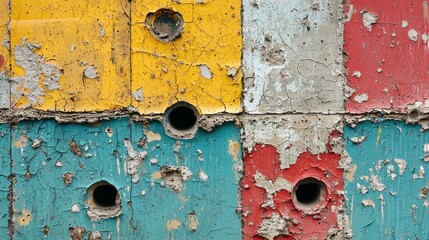 Poster - A weathered wall showcases an array of vibrant colors, marred by cracks and holes. The peeling surface tells stories of wear and time, contrasting beauty with decay, evoking a sense of history