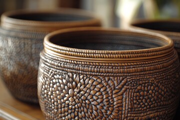 Poster - This image depicts a close-up view of beautifully designed brown woven baskets, highlighting detailed patterns and artistry, perfect for showcasing cultural craftsmanship.