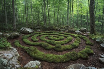 Poster - A serene forest landscape image showing a spiral path created with lush green moss, bordered by large stones, capturing the tranquil beauty and natural charm of the woodland.