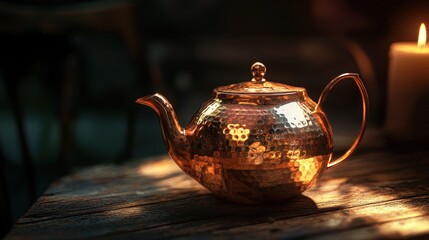 Poster - Hammered copper teapot on rustic wooden table.