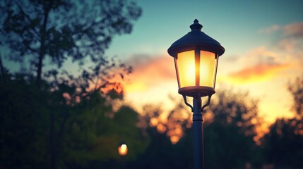 Wall Mural - Illuminated lamp post at sunset.