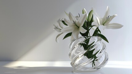 Wall Mural - White lilies in a clear glass vase, illuminated by sunlight.