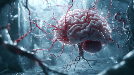 Poster - Unique digital representation of a brain with roots in a dark, abstract environment