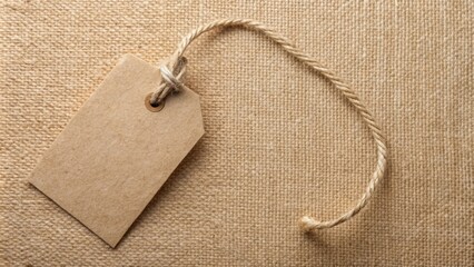 Poster - Blank Kraft Paper Tag Tied with Twine on Rustic Fabric Background
