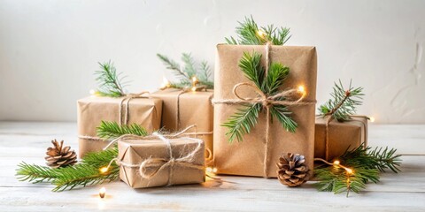 Poster - Rustic Eco-Friendly Gifts Wrapped in Brown Paper with Twine and Evergreen Accents
