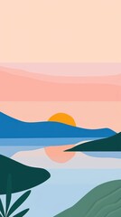 Wall Mural - Cute iceland and sunset illustration outdoors painting nature.