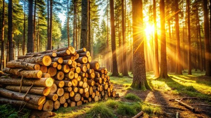 Aufkleber - Golden Sunlight Illuminates a Stack of Logs in a Lush Forest