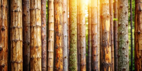 Wall Mural - Golden Sunlight Filtering Through a Dense Forest of Tree Trunks