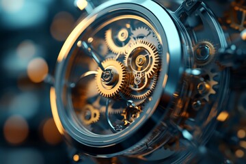 Poster - An elegant clock face displays a visible assembly of golden gears, showcasing both time and the intricate complexity of mechanical design and artistry.