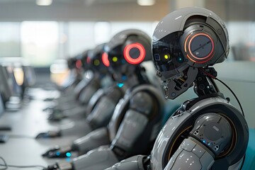 Poster - Humanoid robots at a customer service center collaborating.