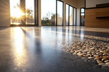 Poster - This image captures a sunlit room with a polished concrete floor, uniquely accented by pebbles, offering a warm, inviting atmosphere blending nature with architecture.