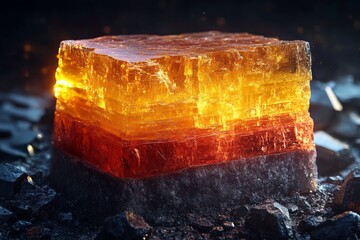 Aufkleber - A radiant crystal block with glowing orange, red, and amber layers sits on a textured dark rock surface, capturing the play of light and its translucent beauty.