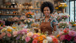 © Светлана Громак - An African-American woman, dressed in an apron, stands behind the counter in a flower shop.