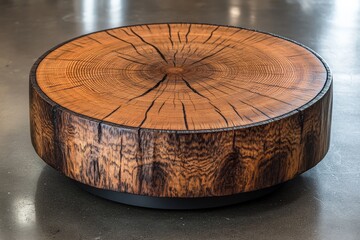 Poster - A beautifully crafted circular wooden table with visible grain and crack patterns, emphasizing an organic form and creating a warm interior design aesthetic.