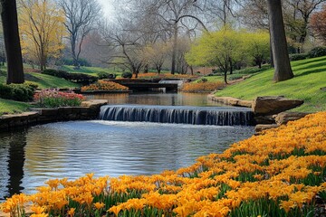 Poster - A serene garden scene showcasing a small waterfall cascading into a tranquil pond surrounded by vibrant daffodils, trees, and lush greenery on a calm day.