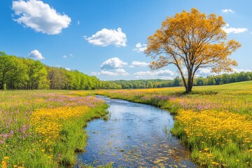 Poster - A tranquil stream gently flows through a vibrant, colorful meadow adorned with wildflowers, under a clear blue sky, capturing the essence of a peaceful afternoon.