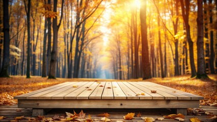 Poster - Autumnal Wooden Platform in a Sun-Drenched Forest Pathway
