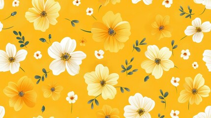 Aufkleber - seamless pattern with white and yellow flowers on a yellow background.