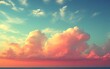 Vibrant sunset sky with fluffy clouds over calm ocean.