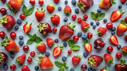 Poster - Summer Fruit Abundance Ripe Strawberries, Cherries, and Blueberries on a Light Wooden Surface
