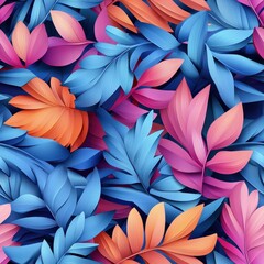Poster - Vibrant 3D Tropical Floral Pattern with Colorful Leaves and Lush Foliage in Bold Shades of Pink, Blue, and Orange for Stunning Visual Appeal