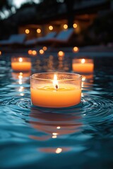 Poster - Group of lit candles suspended in a pool of water, ideal for use in serene and peaceful scenes