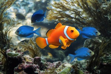 Poster - Group of fish swimming together in a glass aquarium, a popular decoration for homes and offices