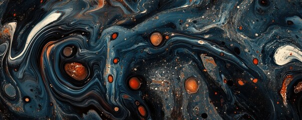Wall Mural - a chaotic ink-in-water pattern with black swirls and hints of red and blue, 4k photo.