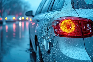 Poster - A close-up shot of a car getting wet in the rain, ideal for use in scenes depicting weather-related drama or everyday life