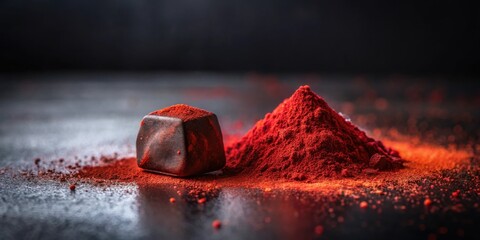 Poster - Dark Chocolate Cube and Vibrant Red Powder on a Dark Surface