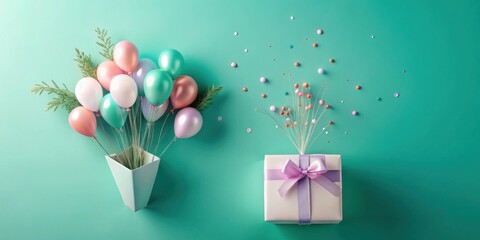 Wall Mural - Pastel Balloons and Gift Arrangement on Teal Background