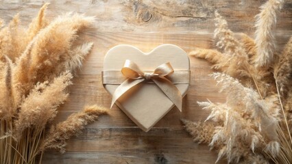 Wall Mural - Heart-shaped gift box with a beige ribbon surrounded by pampas grass on a wooden surface