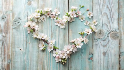 Poster - Delicate Spring Blossoms Arranged in a Heart Shape on Weathered Wooden Background