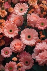 Poster - A bundle of fresh pink flowers with green leaves
