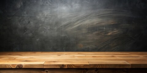Poster - Rustic Wooden Tabletop Against a Dark Textured Background Ideal for Product Displays and Mockups