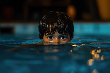 Poster - A young boy swims in a pool under the stars, illuminated by pool lights
